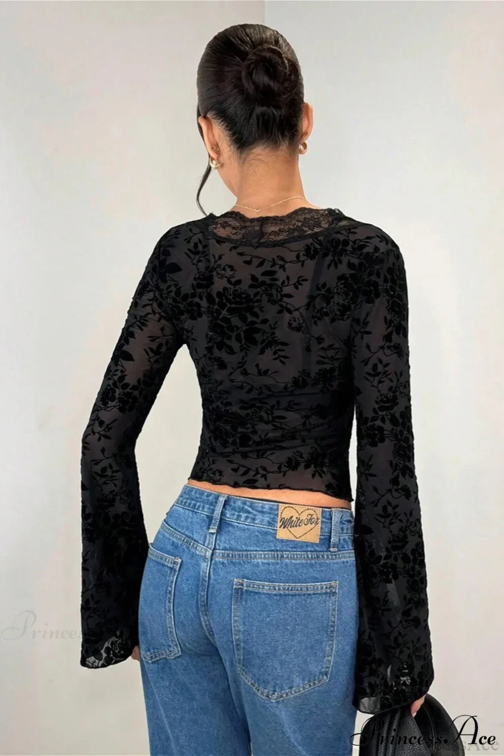 Lace Panel Leopard Slim Flared Sleeve Long Sleeve Tee - Image 6