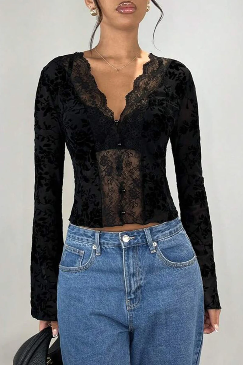 Lace Paneled Leopard Print Ruffled Cardigan Blouse - Image 4