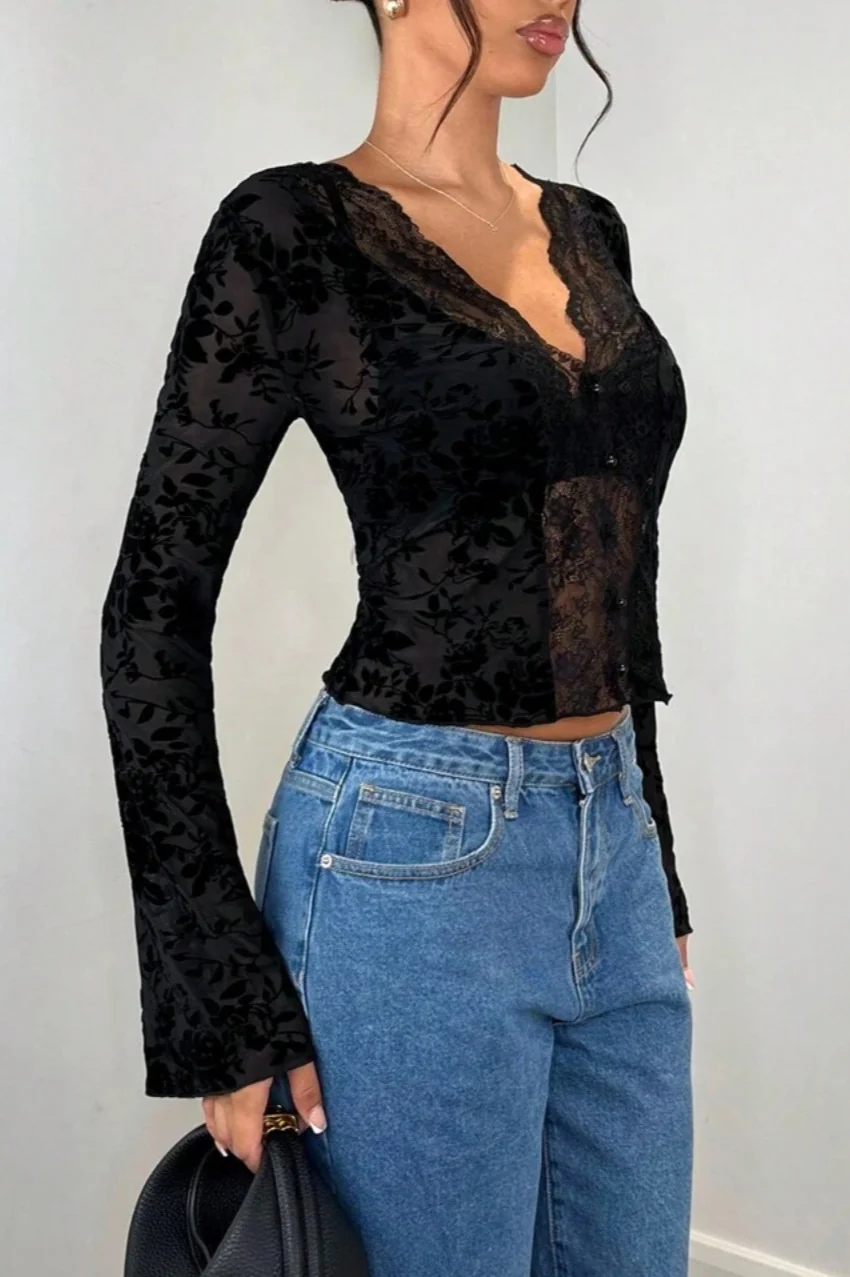Lace Paneled Leopard Print Ruffled Cardigan Blouse - Image 5