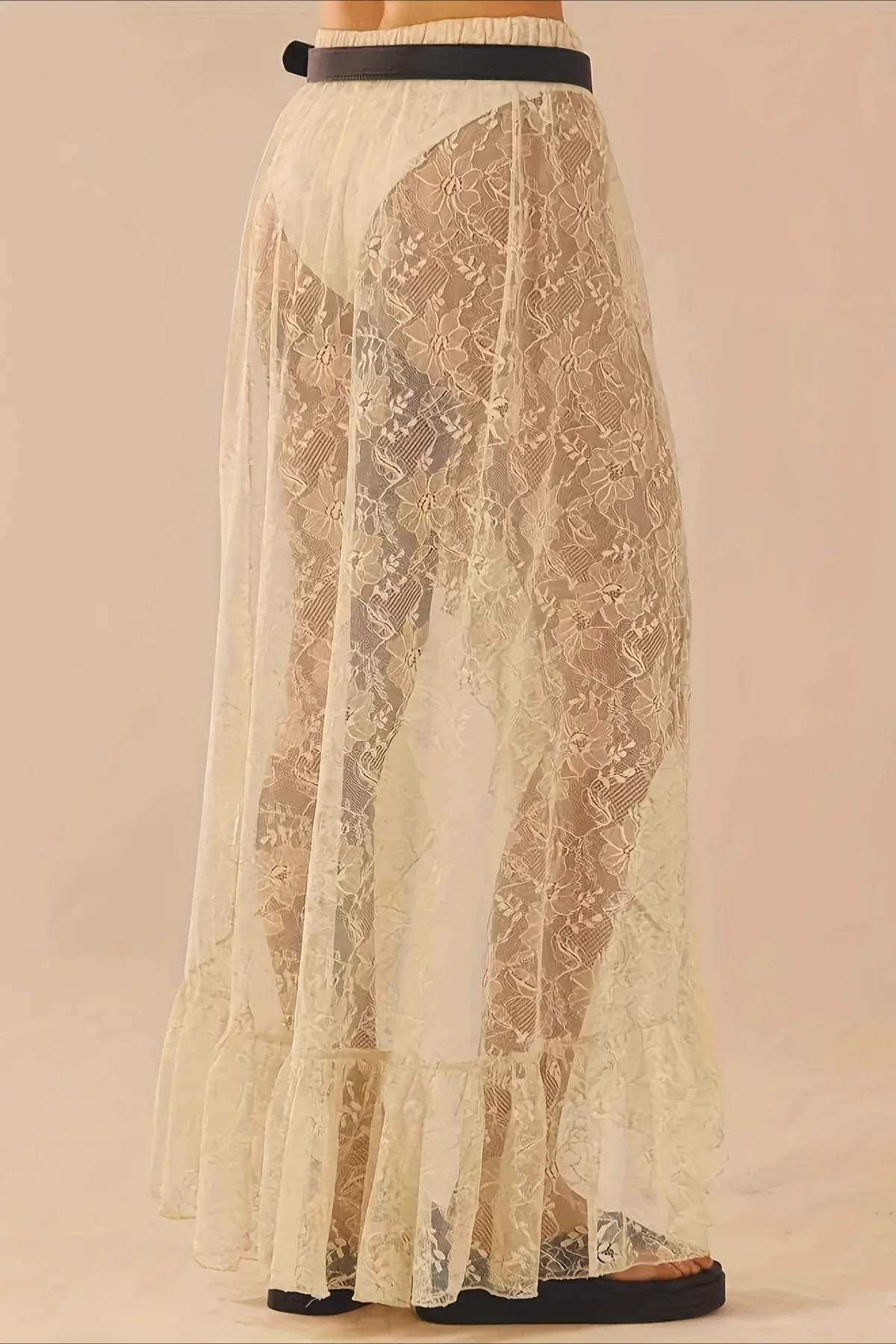 Lace Patchwork Asymmetrical Midi Skirt - Image 4
