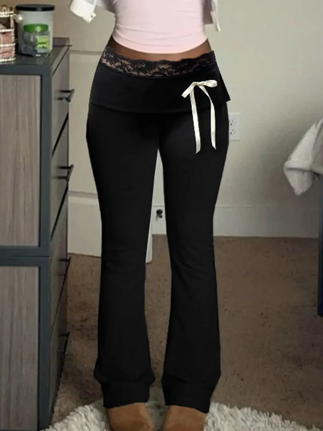 Lace Patchwork Bow Straight Y2K Fashion Pant - Image 3