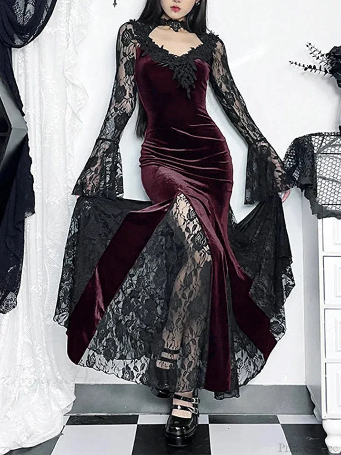 Lace Patchwork Flare Sleeve Maxi Dress - Image 7
