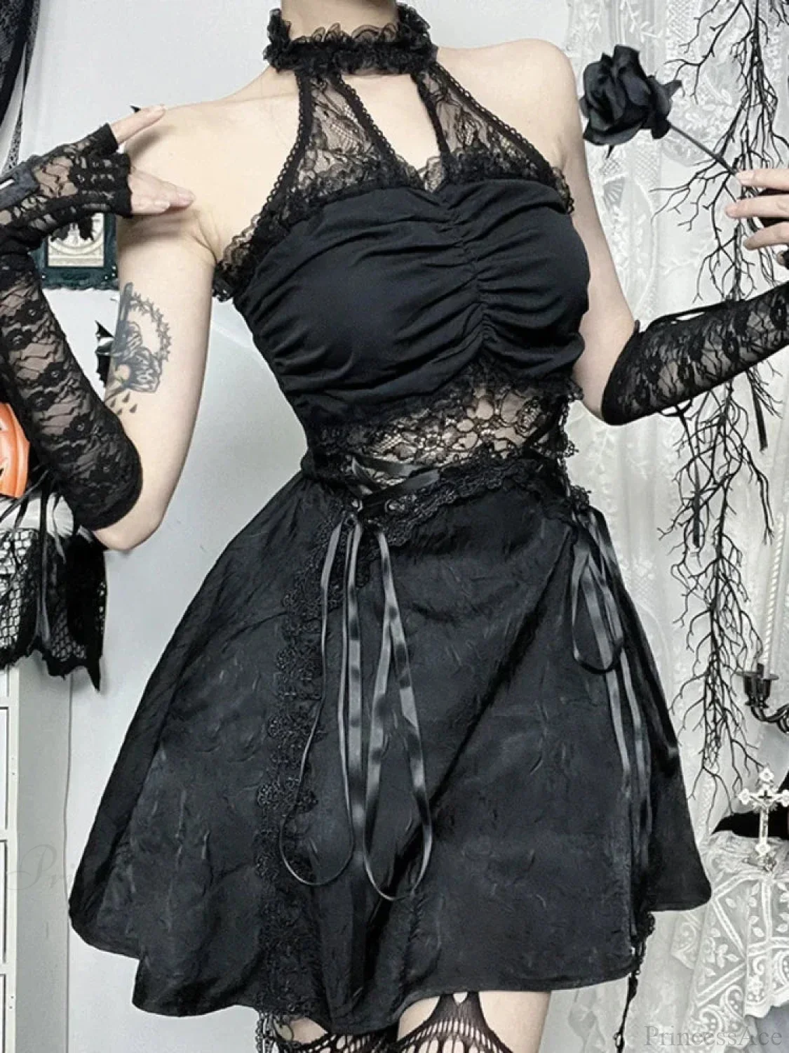 Lace Patchwork Halter Mini Dress - Image 4