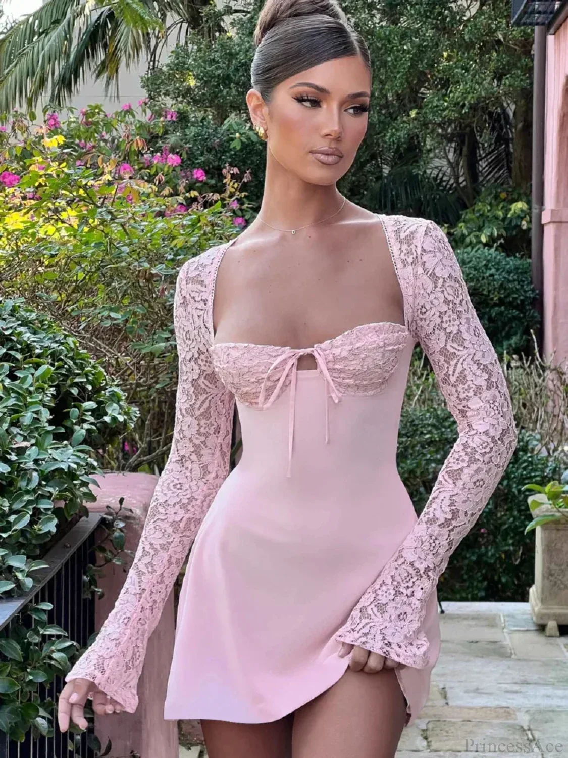 Lace Patchwork Long Sleeve Mini Dress - Image 5