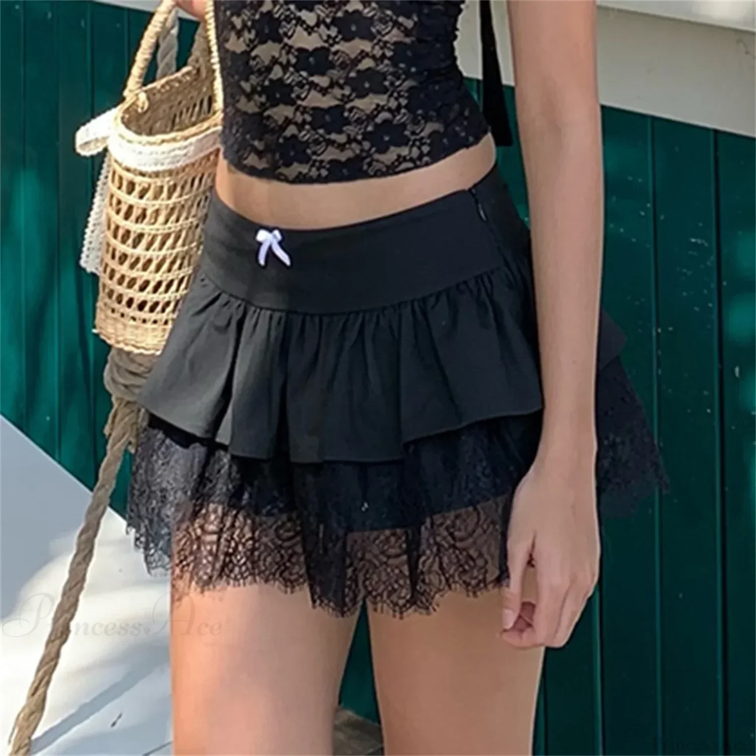 Lace Patchwork Preppy Black Skirt - Image 4