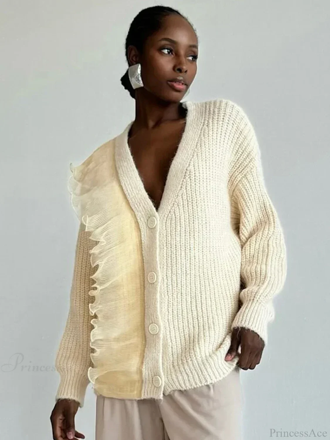 Lace Patchwork V-neck Ribbed Cardigan - Image 2