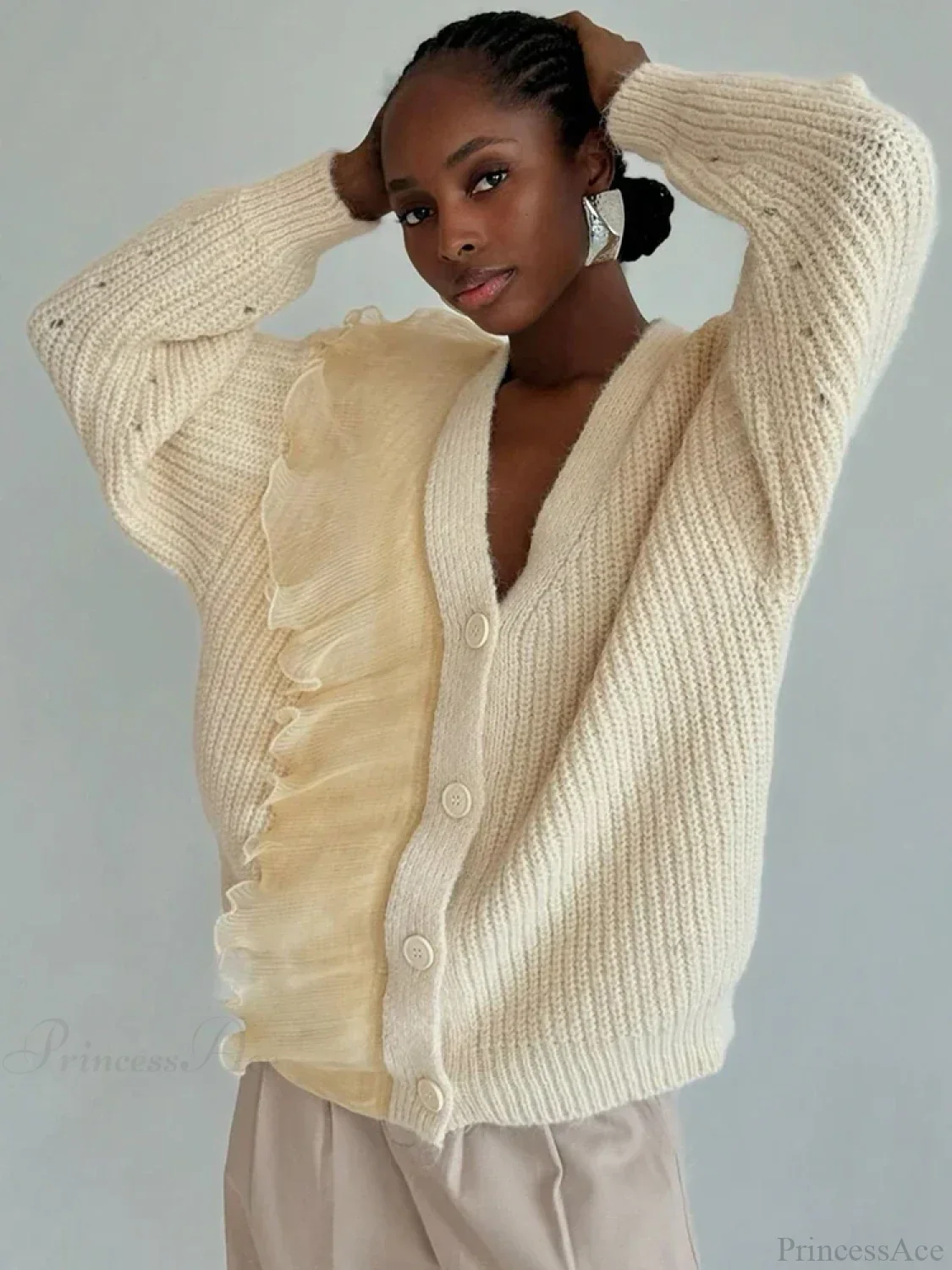 Lace Patchwork V-neck Ribbed Cardigan - Image 3