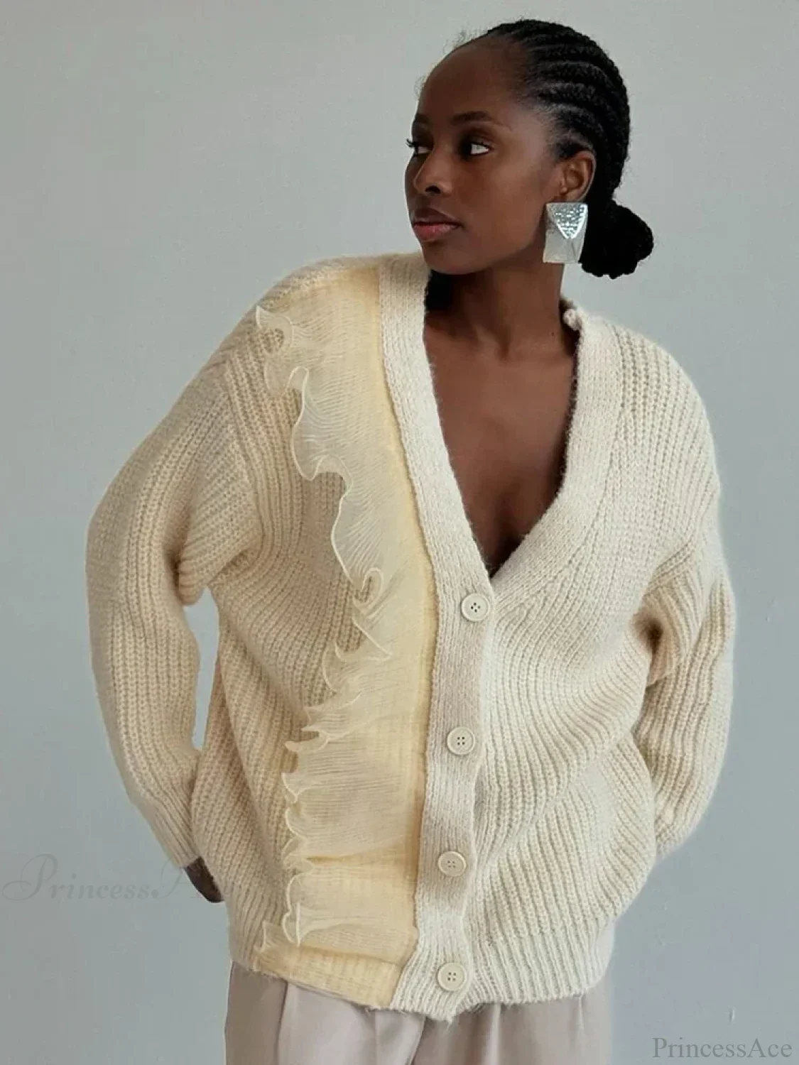 Lace Patchwork V-neck Ribbed Cardigan - Image 4