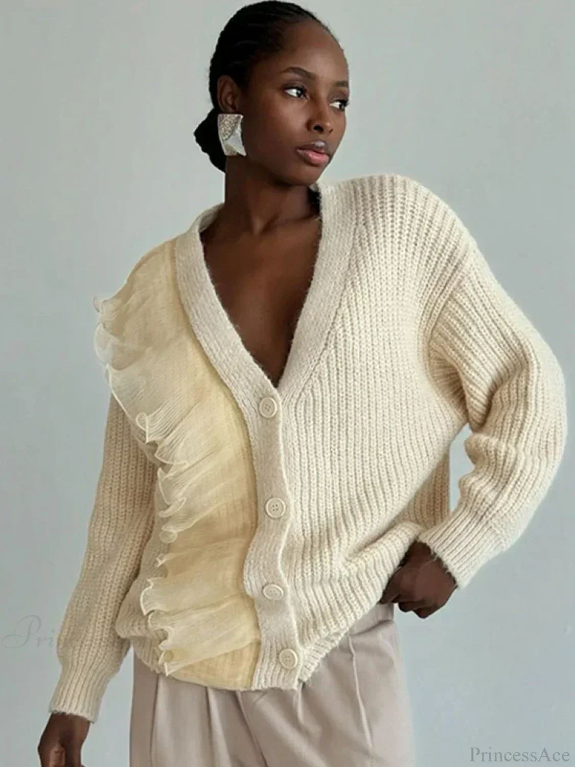 Lace Patchwork V-neck Ribbed Cardigan - Image 5