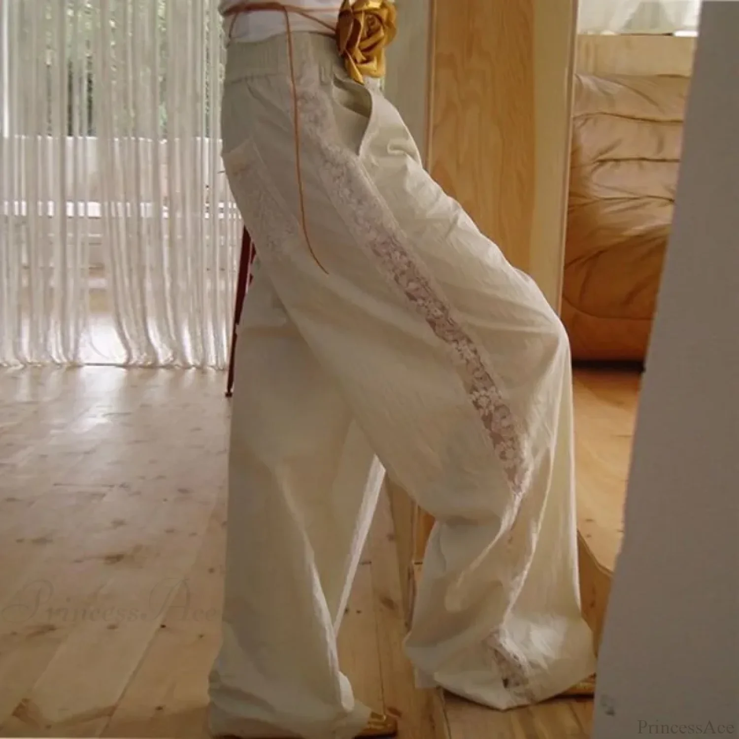 Lace Patchwork White Wide Leg Pants - Image 2