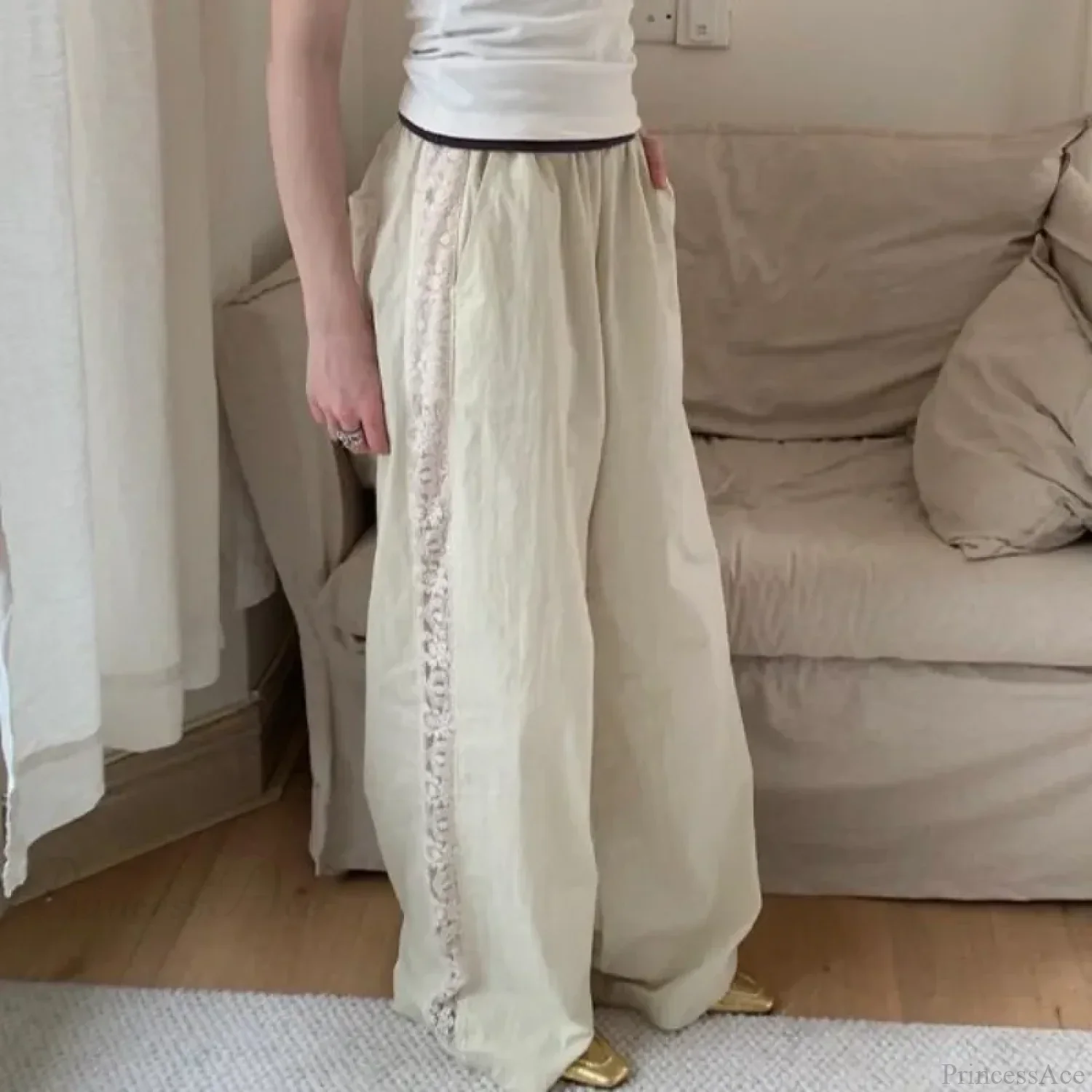 Lace Patchwork White Wide Leg Pants - Image 6
