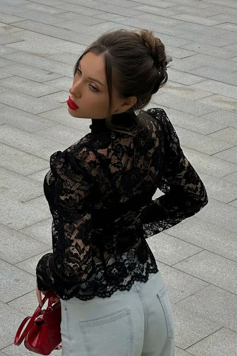 Lace Puff Sleeve Stand Collar Elegant Blouse - Image 4