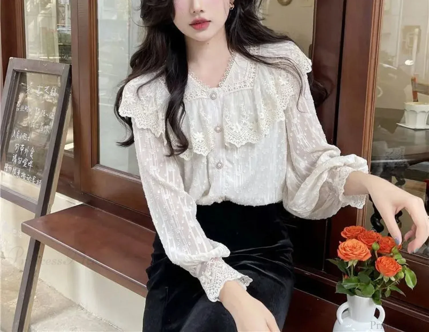 Lace Ruffle Edge Long Sleeve Blouse Sweet Blouse - Image 2