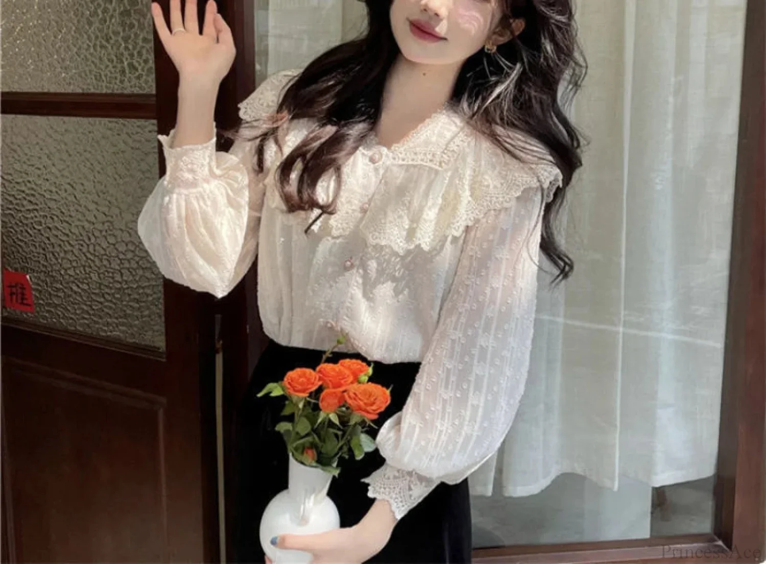 Lace Ruffle Edge Long Sleeve Blouse Sweet Blouse - Image 5