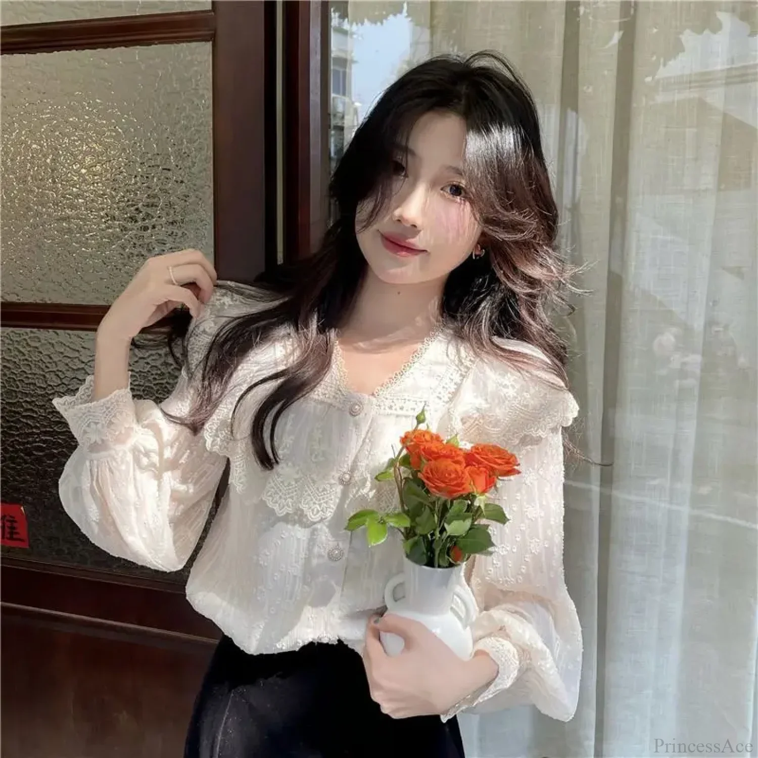 Lace Ruffle Edge Long Sleeve Blouse Sweet Blouse - Image 6