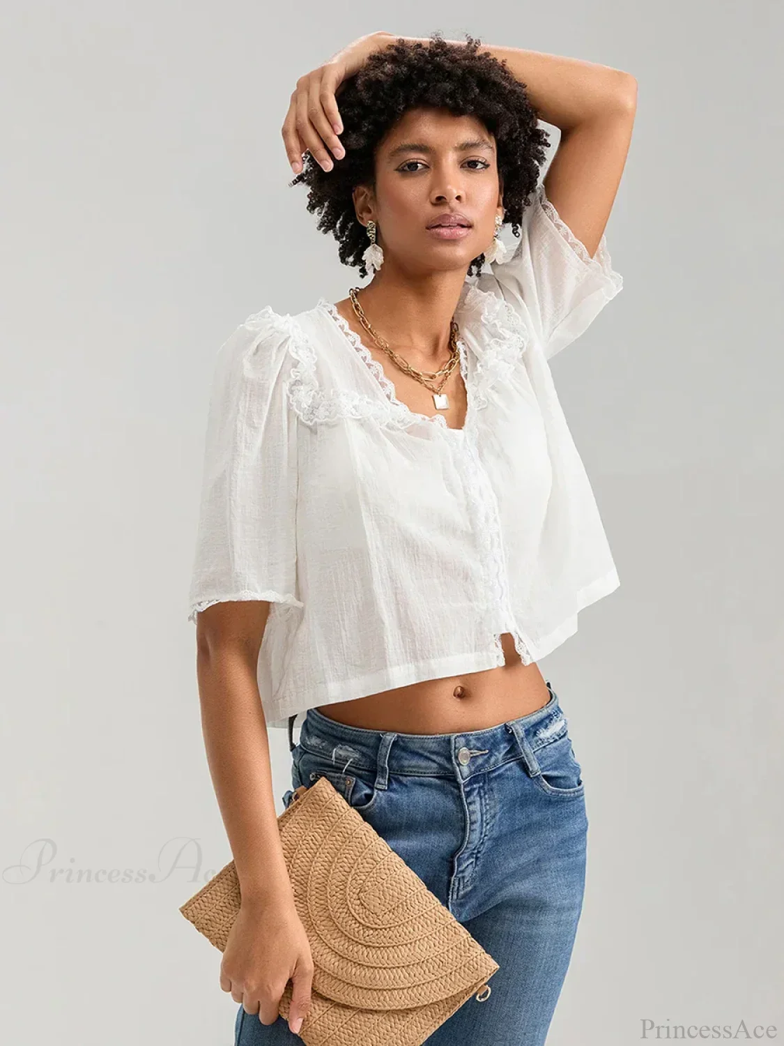 Lace Ruffle V-neck Button Casual Loose Crop Shirt - Image 4