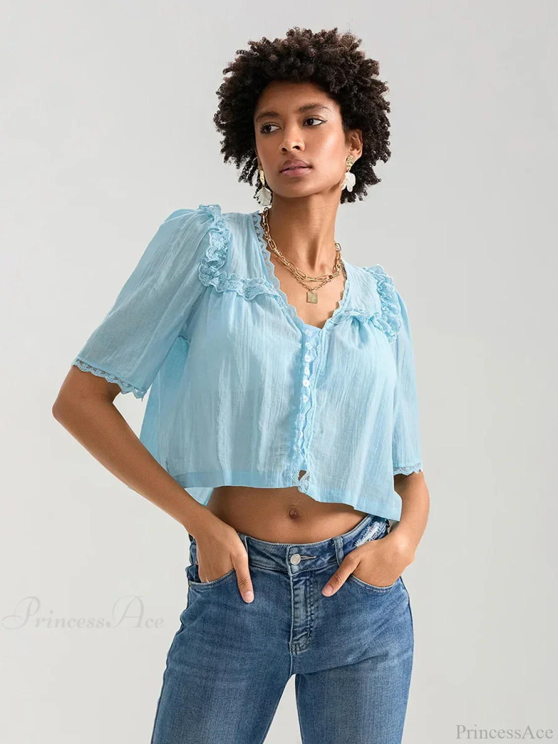 Lace Ruffle V-neck Button Casual Loose Crop Shirt - Image 8