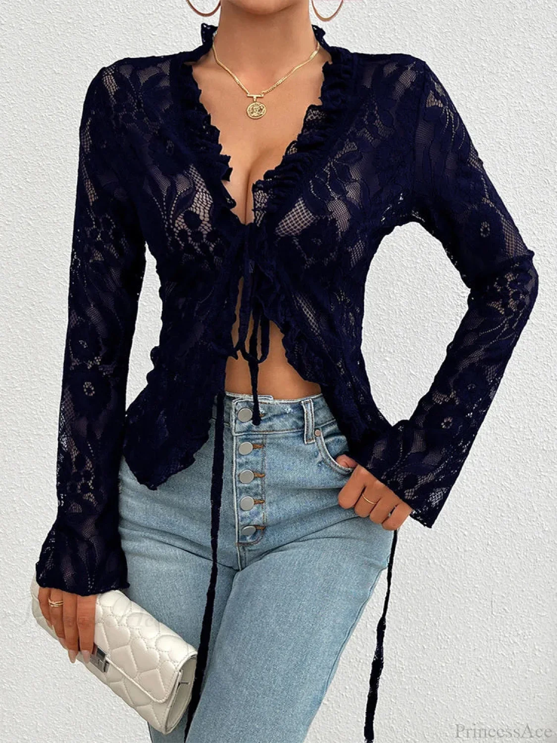 Lace See-Through Sexy Long Sleeve Blouse - Image 8