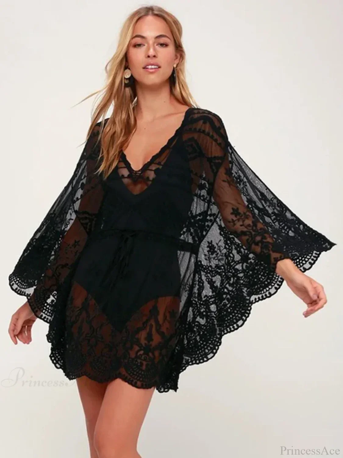 Lace See Through V-Neck Mini Cover Up - Image 2