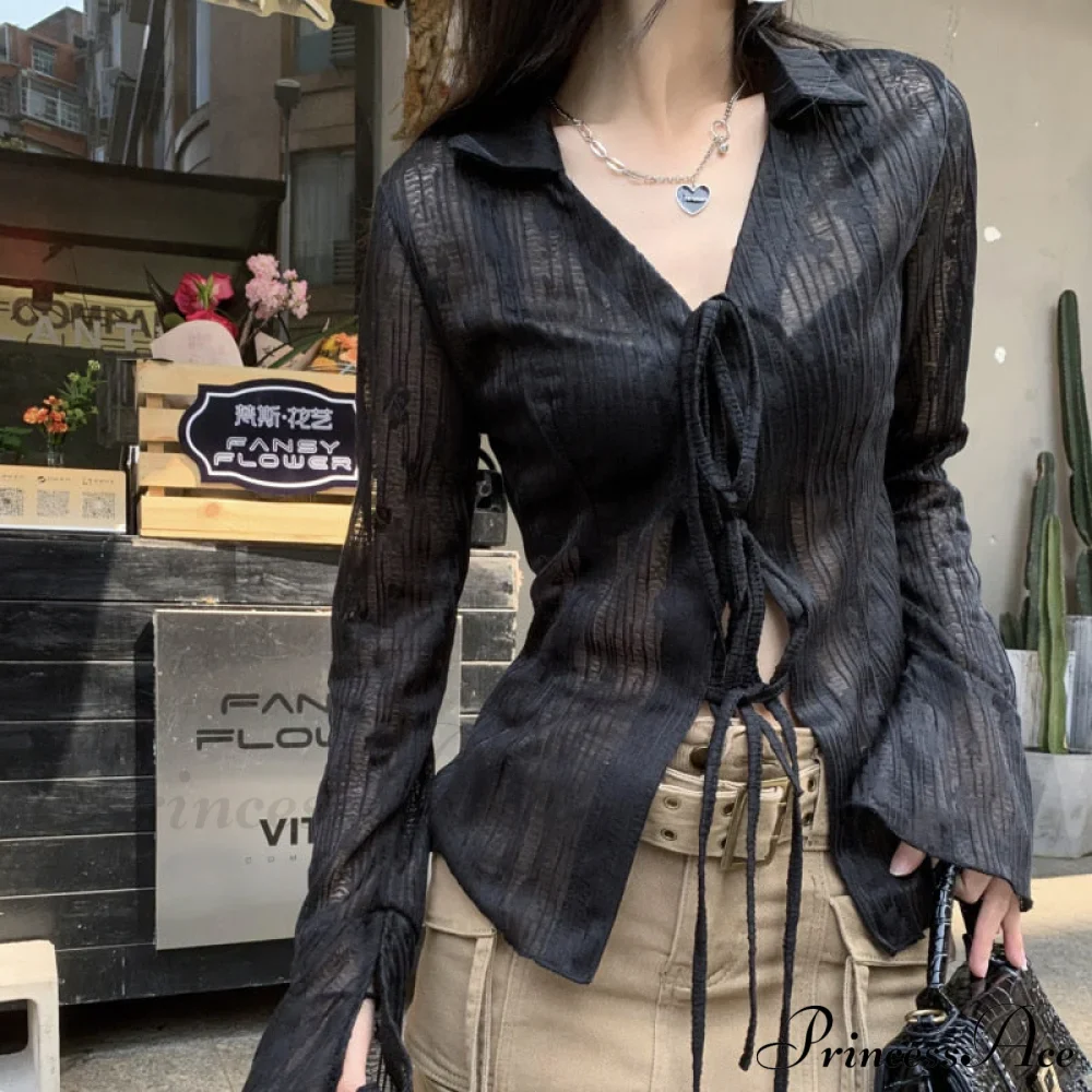 Lace Shirts Long Arm Slim Harajuku Transparent Blouse Korean Women Black Goth Fashion Aesthetic - Image 2