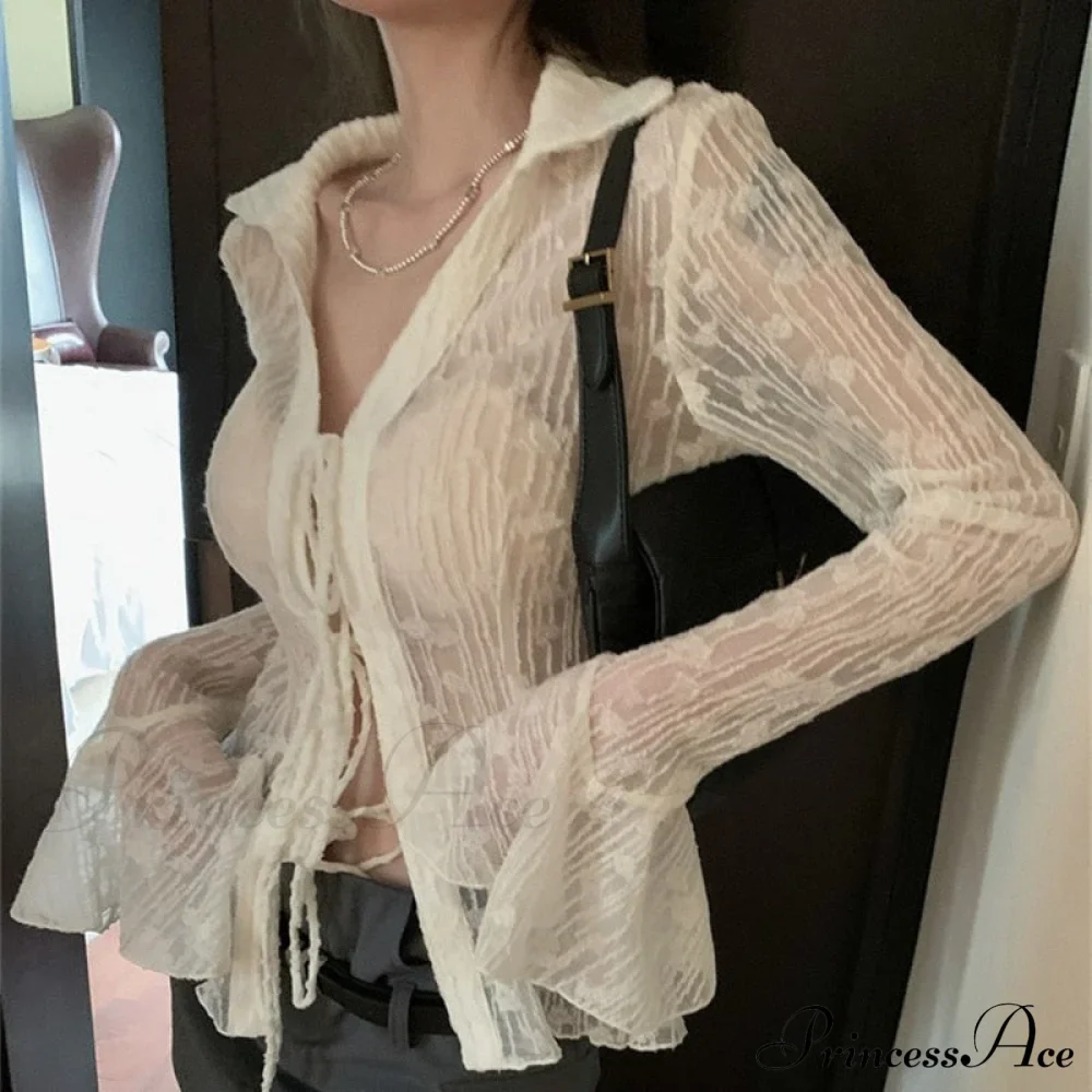 Lace Shirts Long Arm Slim Harajuku Transparent Blouse Korean Women Black Goth Fashion Aesthetic - Image 3