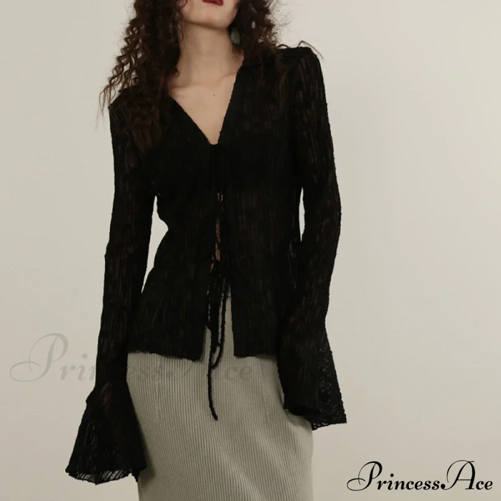 Lace Shirts Long Arm Slim Harajuku Transparent Blouse Korean Women Black Goth Fashion Aesthetic - Image 7