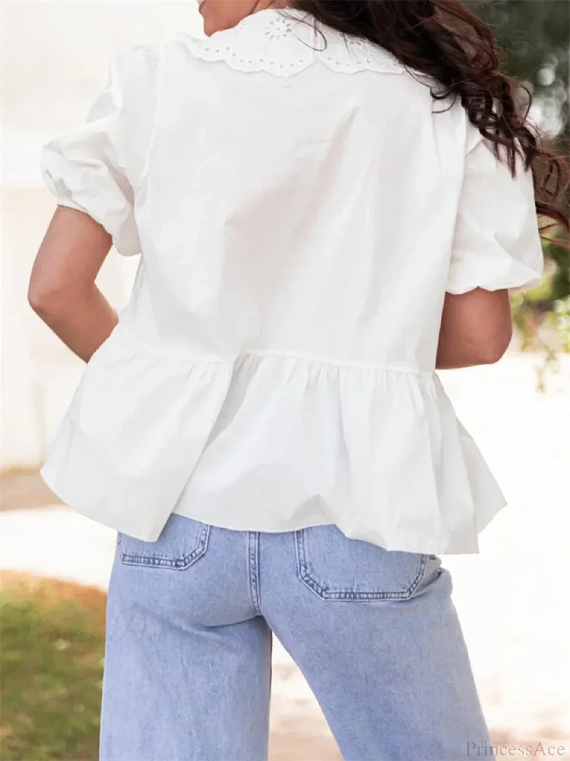 Lace Short Sleeve Front Tie-Up Blouse - Image 4