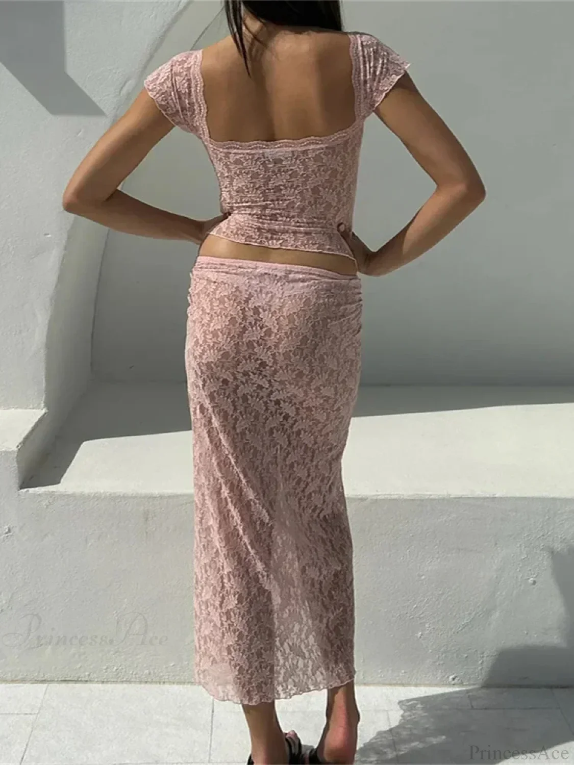 Lace Short Sleeve V-neck T-shirt and Long Skirt Set - Image 6