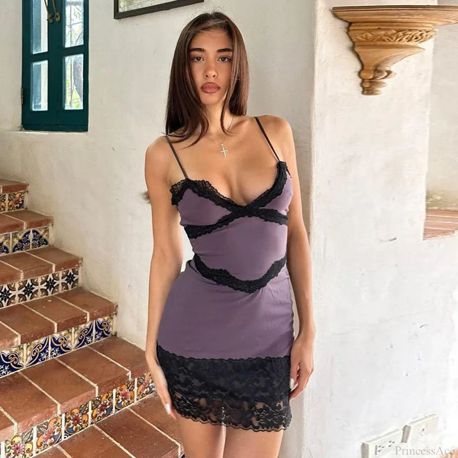 Lace Slim Spaghetti Strap Mini Vacation Dress - Image 3