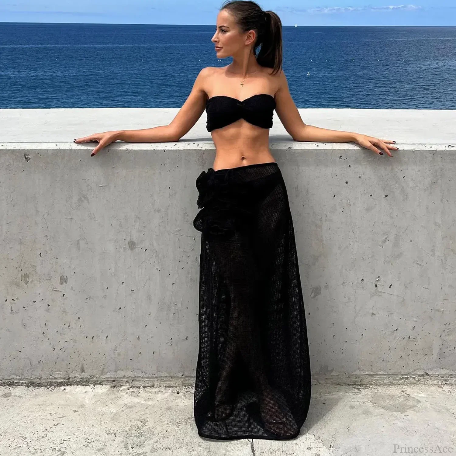 Lace Solid Strappy Skirt Three Piece Swimsuit - Image 5