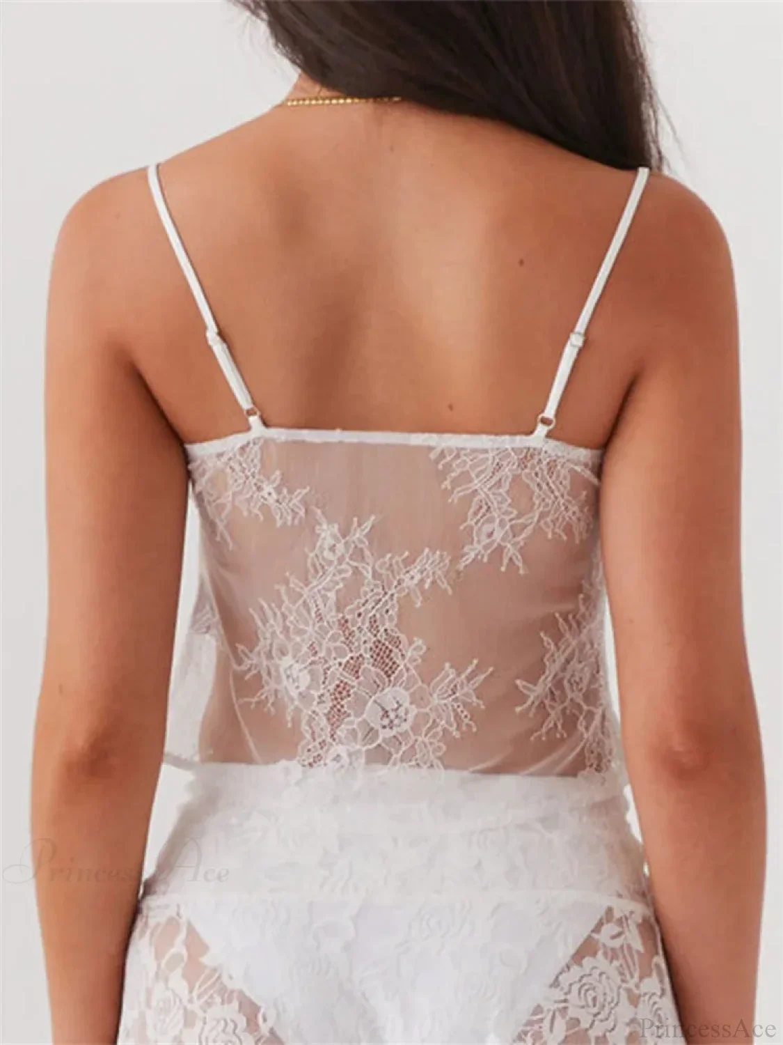 Lace Spaghetti Strap Split See-through Crop Top - Image 2