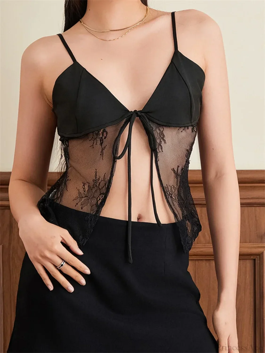 Lace Spaghetti Strap Split See-through Crop Top - Image 3