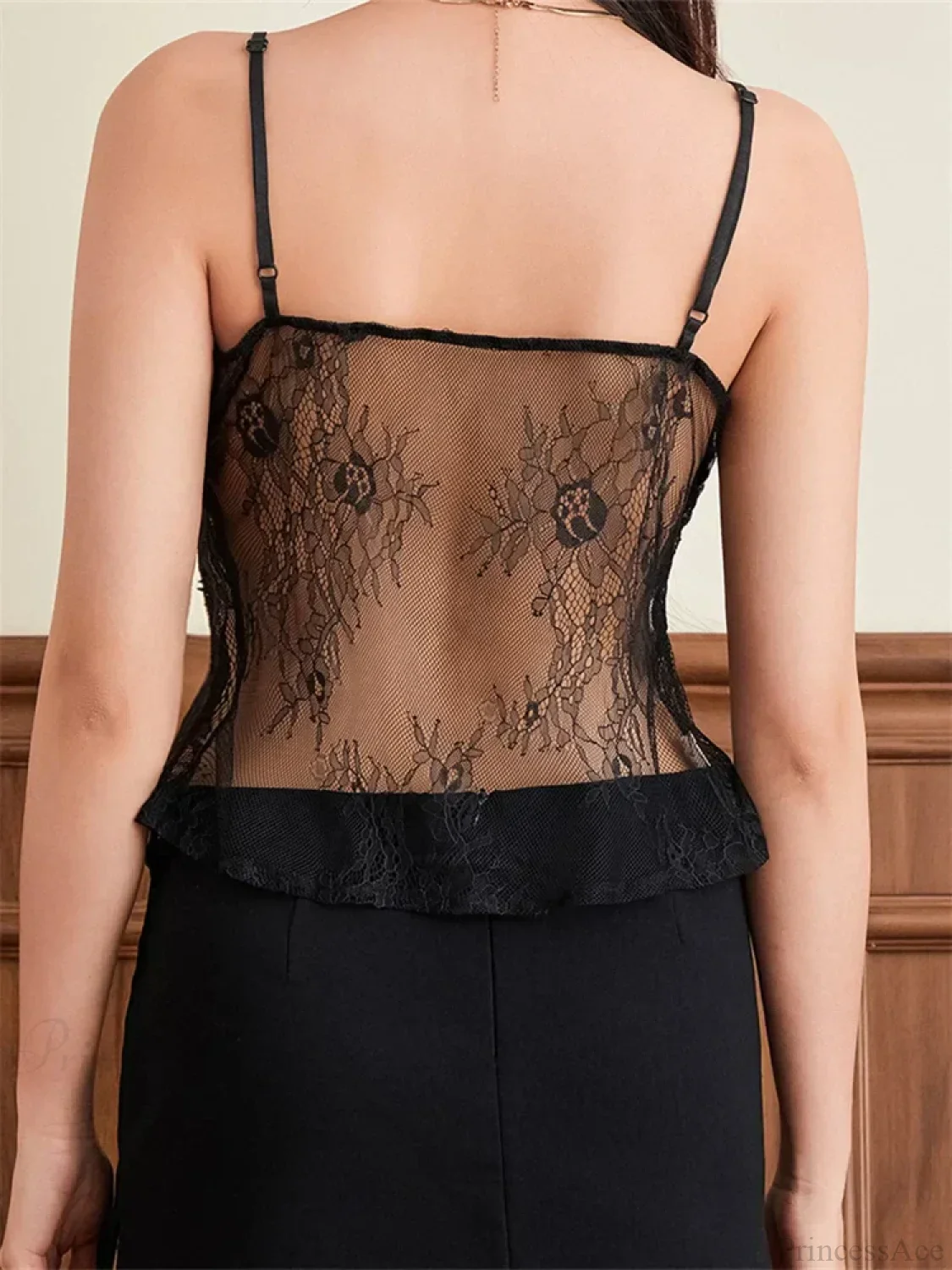 Lace Spaghetti Strap Split See-through Crop Top - Image 5