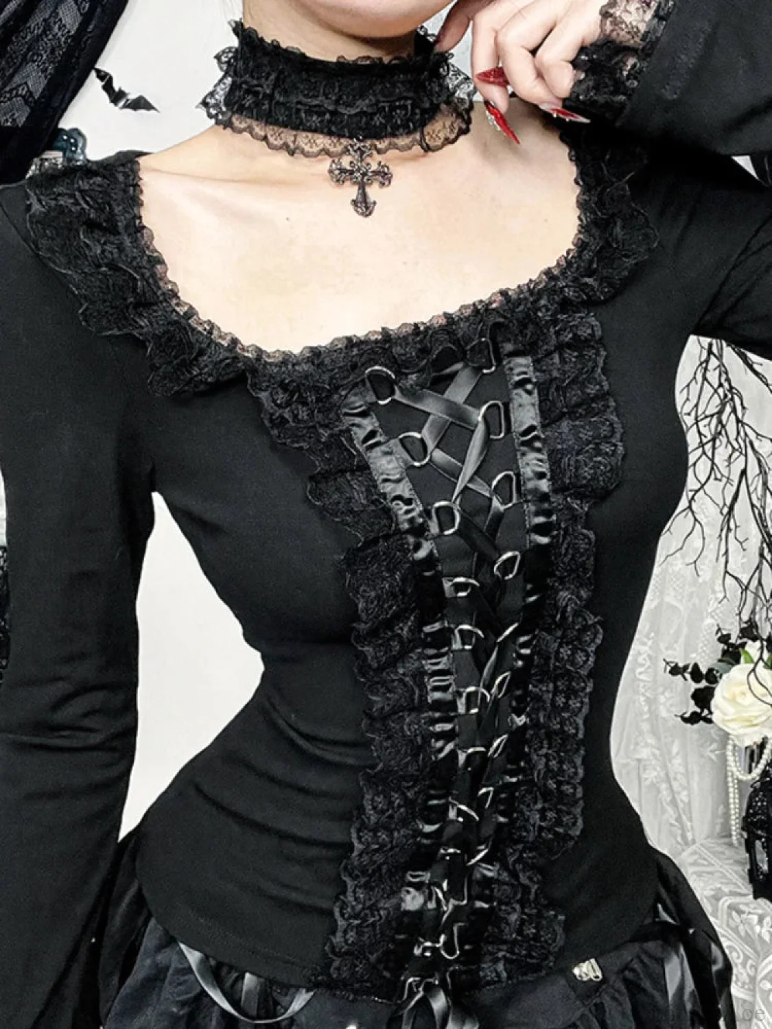 Lace Square Collar Knit Top - Image 2