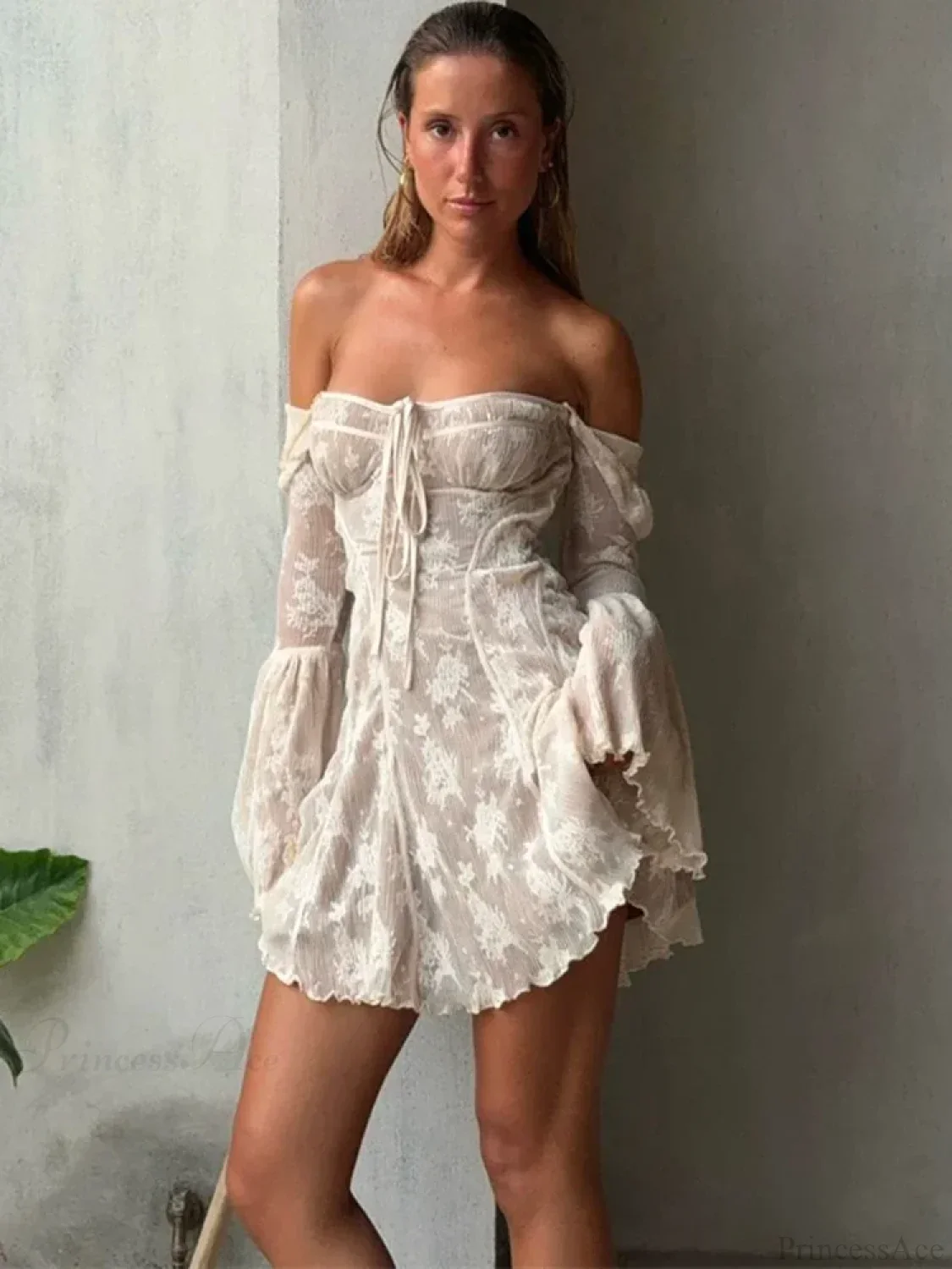 Lace Square Collar See-Through Mini Dress - Image 2
