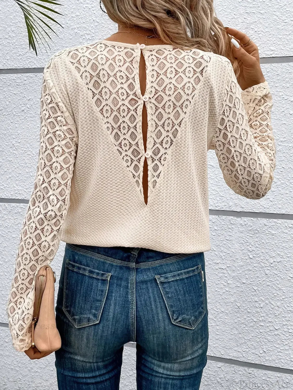 Lace Stitching Solid Color Casual Round Neck Long Sleeve T-shirt Women - Image 3