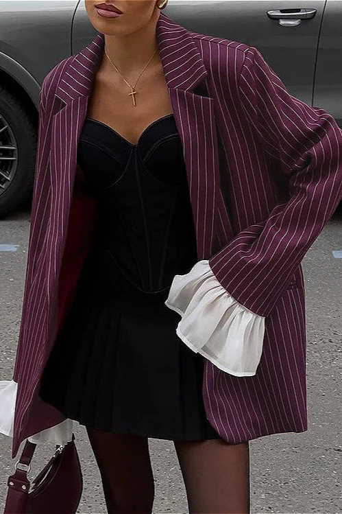 Lace Striped Loose Flared Sleeve Blazer Coat - Image 2