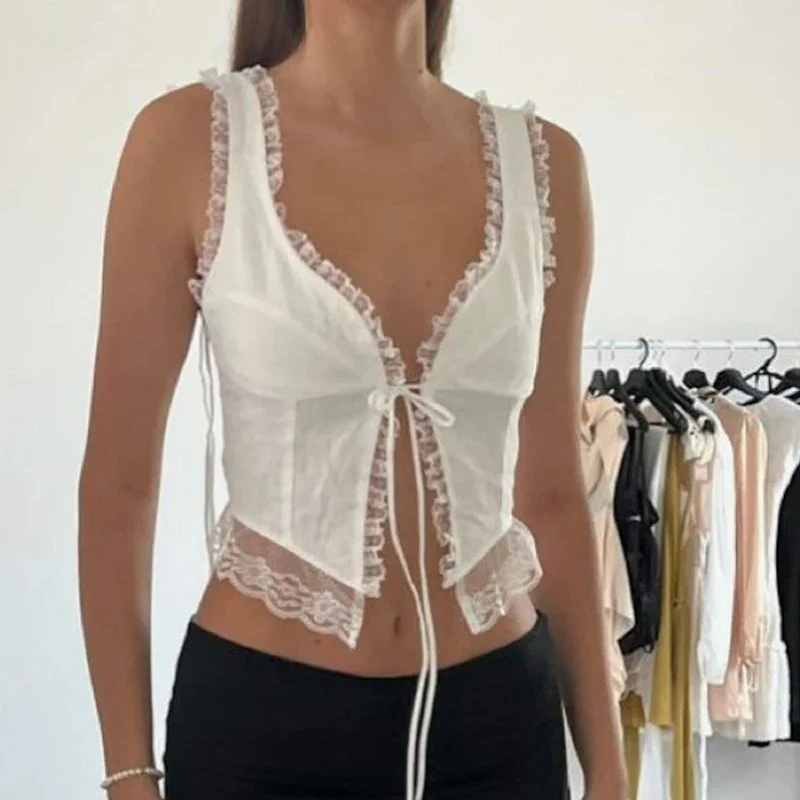 Lace Tie-Up Navel Crop Top - Image 2