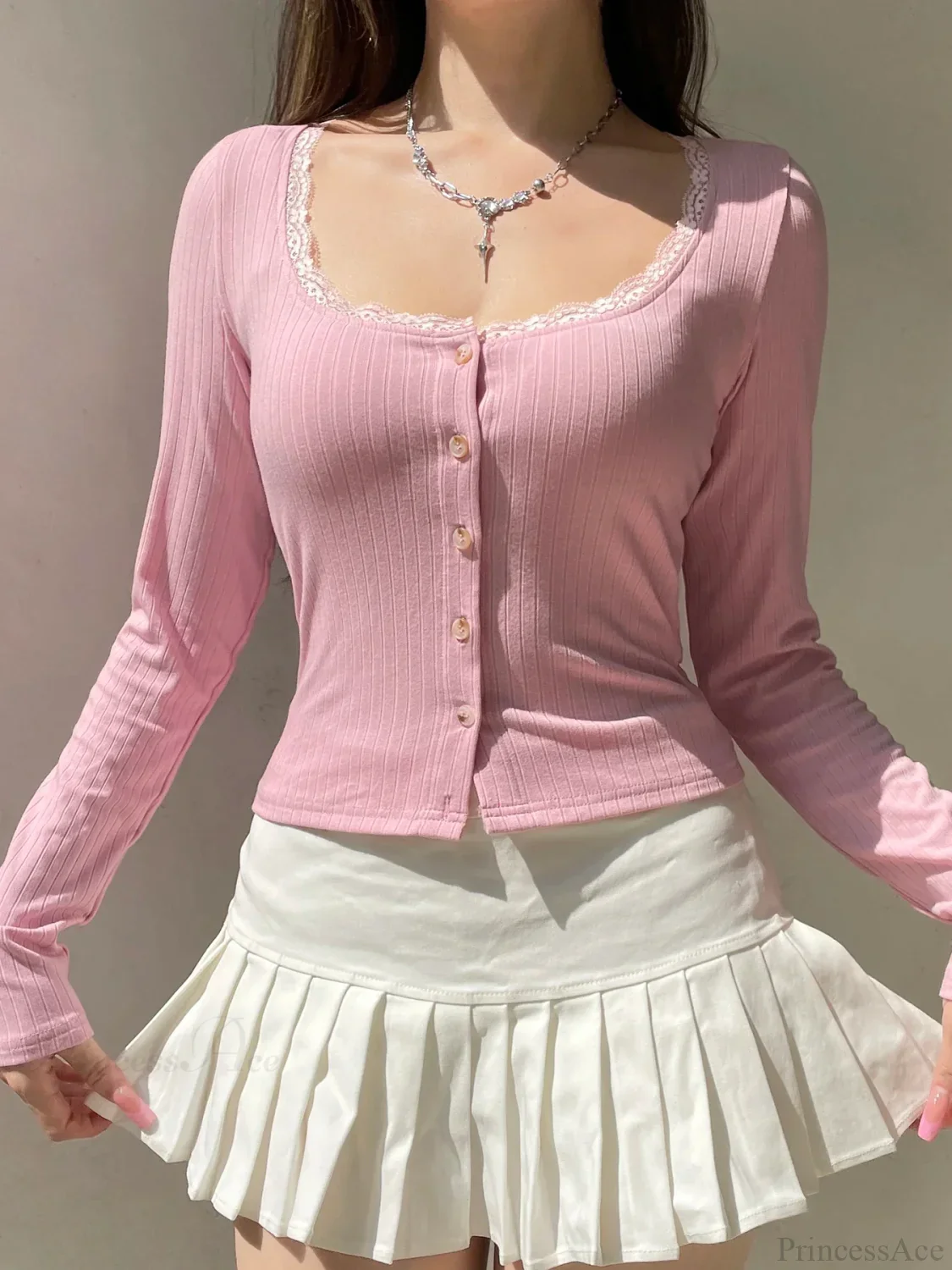 Lace Trim Cropped Slim Square Collar Long Sleeve Knit Top - Image 2