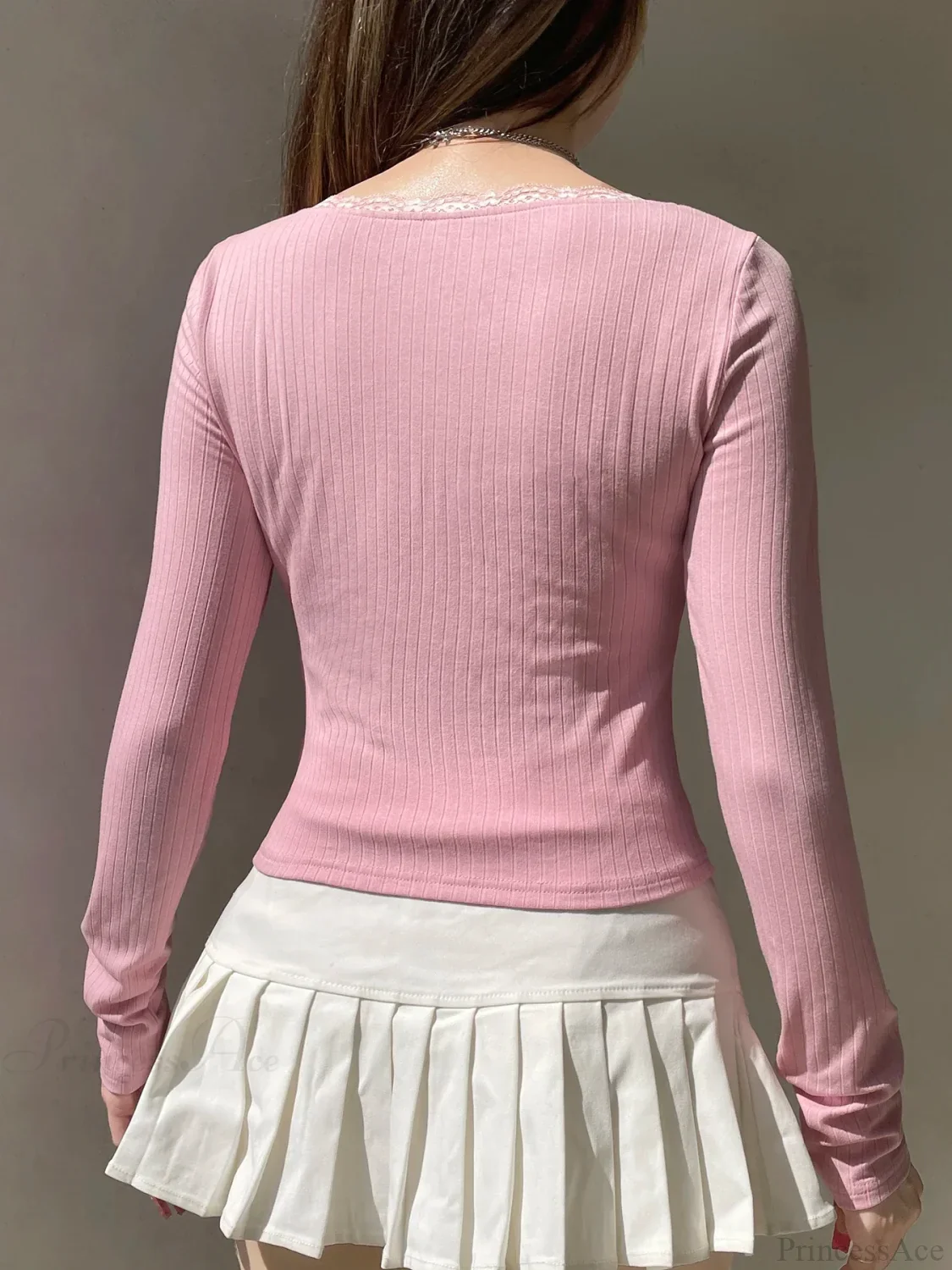 Lace Trim Cropped Slim Square Collar Long Sleeve Knit Top - Image 3