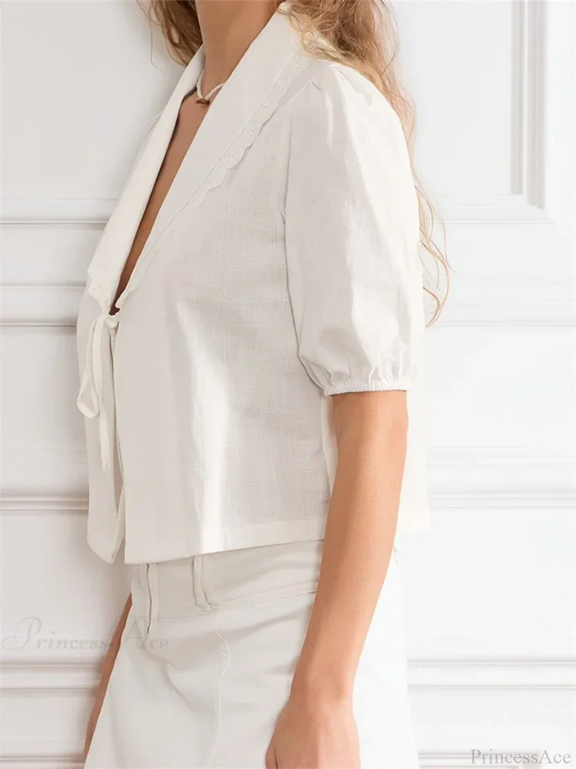 Lace Trim Front Tie-Up V-neck Blouse - Image 5