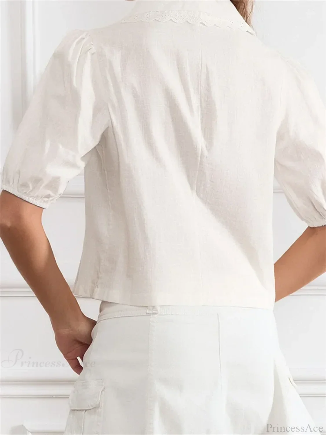Lace Trim Front Tie-Up V-neck Blouse - Image 6