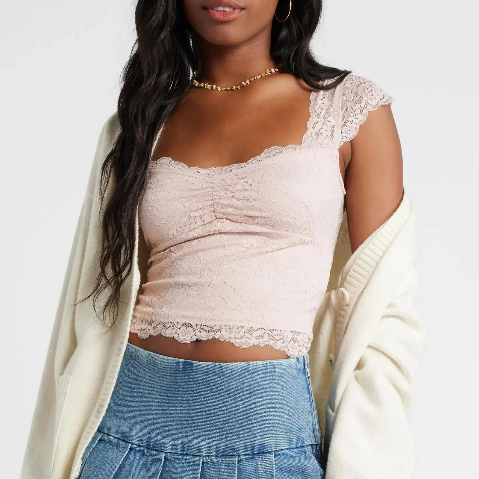 Lace Trim Short Sleeve Crop Top - Image 3