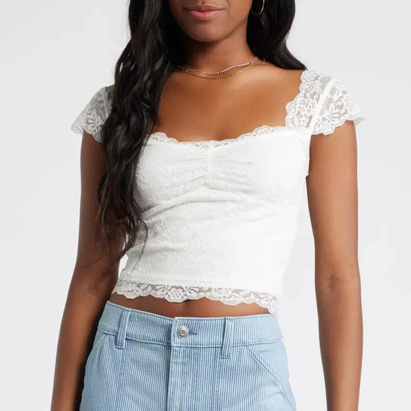 Lace Trim Short Sleeve Crop Top - Image 5