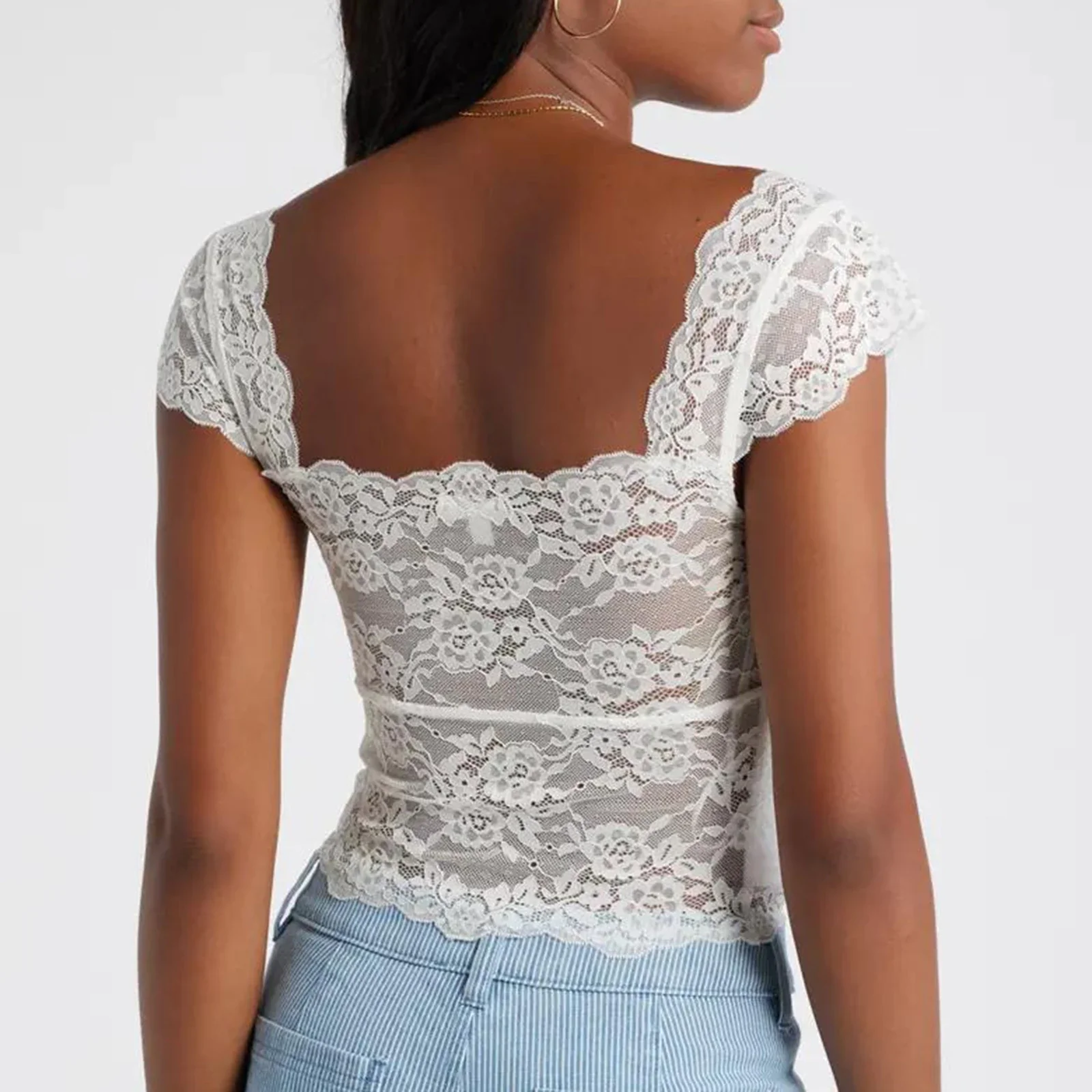 Lace Trim Short Sleeve Crop Top - Image 6