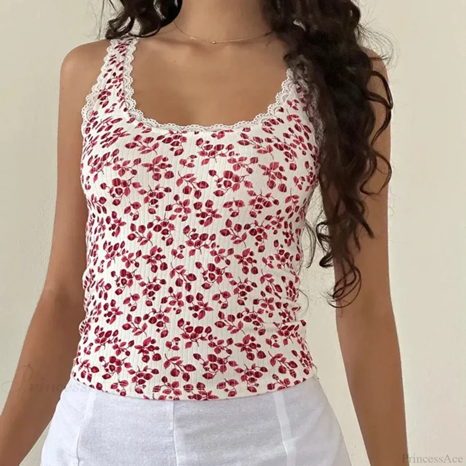 Lace Trim Slim Fit Y2K Summer Floral Sleeveless Casual Basic Crop Top - Image 2