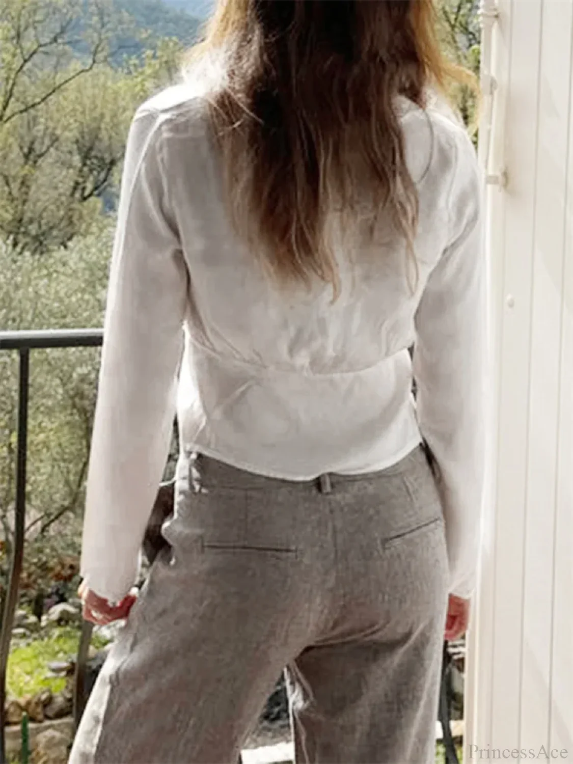 Lace Trim V-neck Tie-Up Blouse - Image 6
