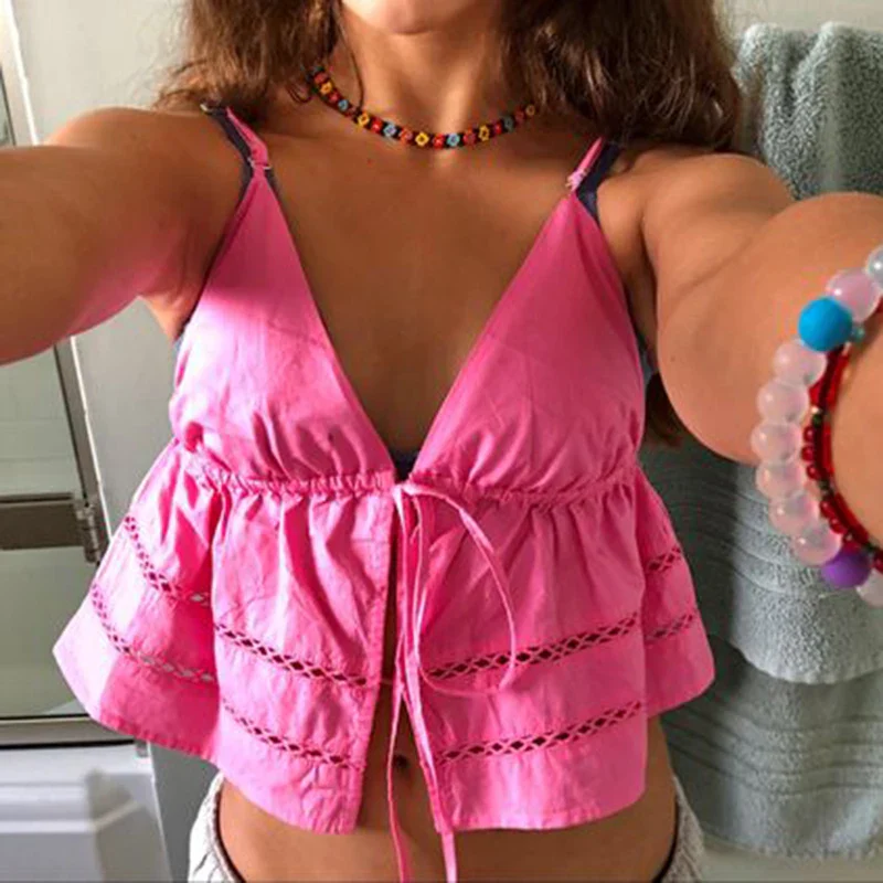 Lace-Up Bandage V-Neck Crop Top - Image 3