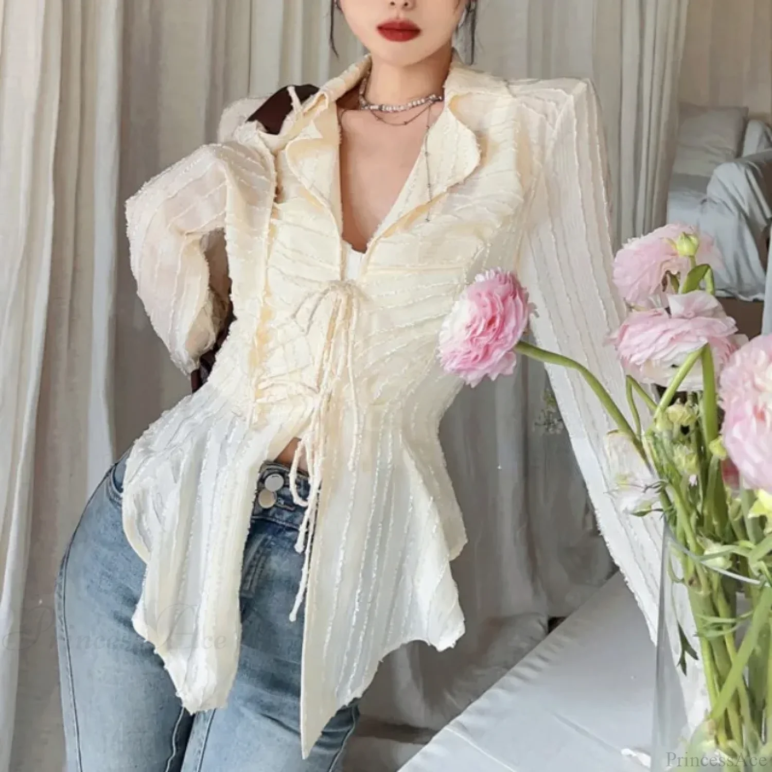 Lace Up Blouse Turn-down Collar Women Blouse - Image 2
