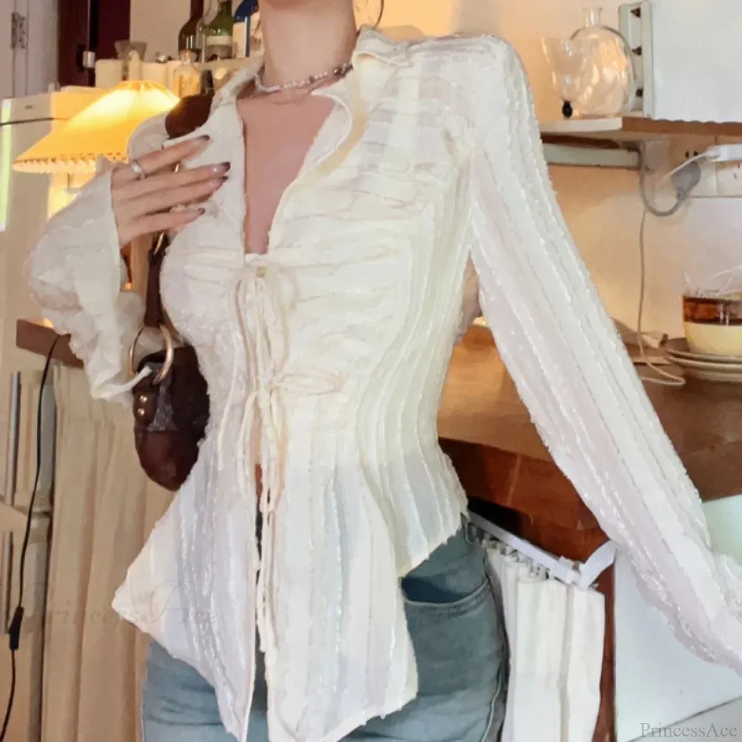 Lace Up Blouse Turn-down Collar Women Blouse - Image 3